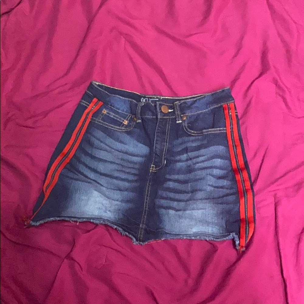 Blue jean skirt with red stripes